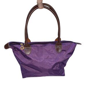 purple nylon leather handles pliage style zip small tote bag 13x8